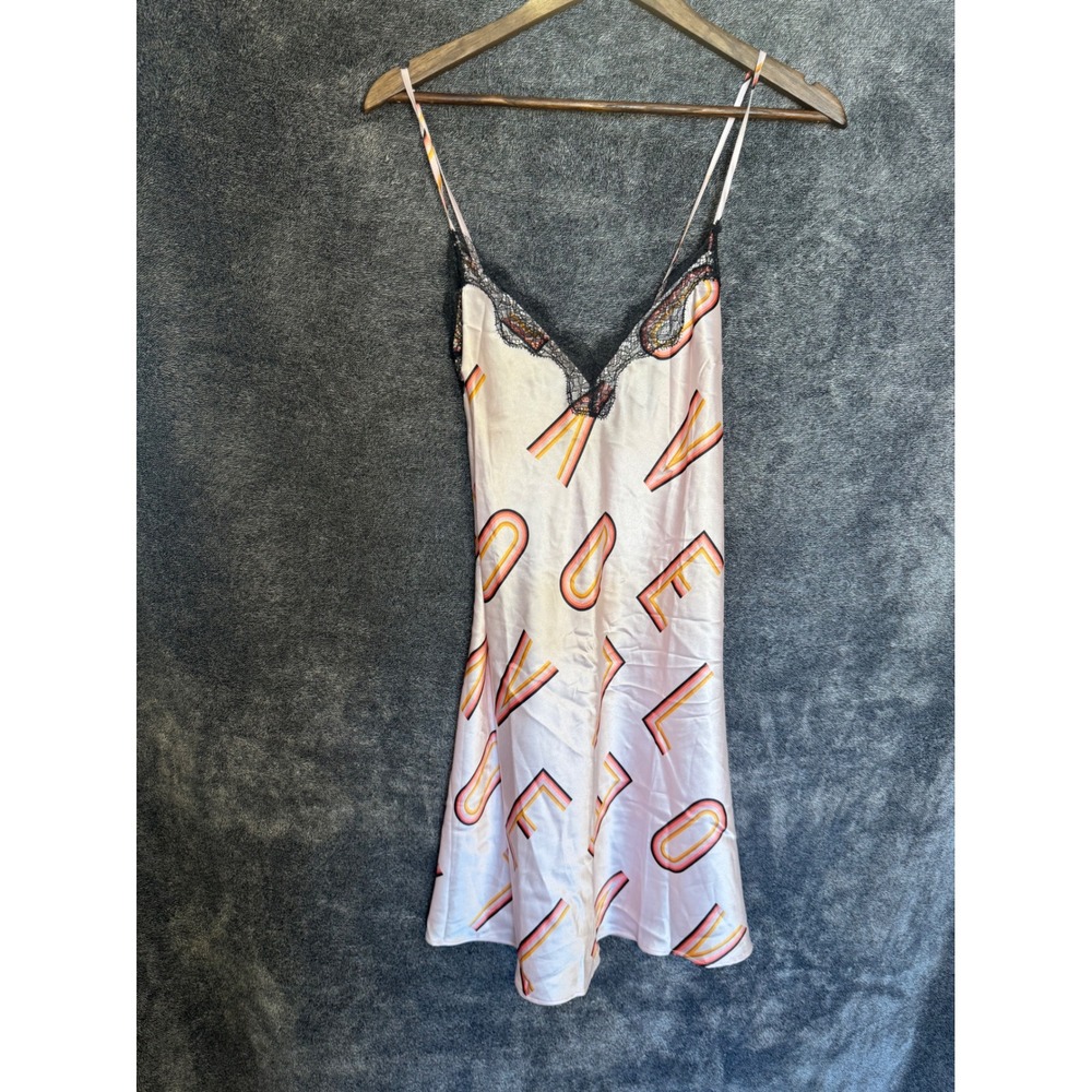 Victorias Secret Satin Slip Dress Pink Love Graphic Lace Trim Chemise Medium